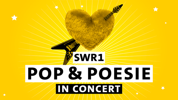 Ein graues Watte-Herz auf gelbem Hintergrund. Das Herz wird von einer Gitarre in Pfeilform durchbohrt. Darunter der Schriftzug SWR1 Pop & Poesi in Concert